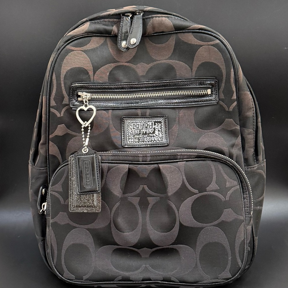 Discontinued COACH F20046 Poppy Black Signature Canvas Patent Leather Backpack